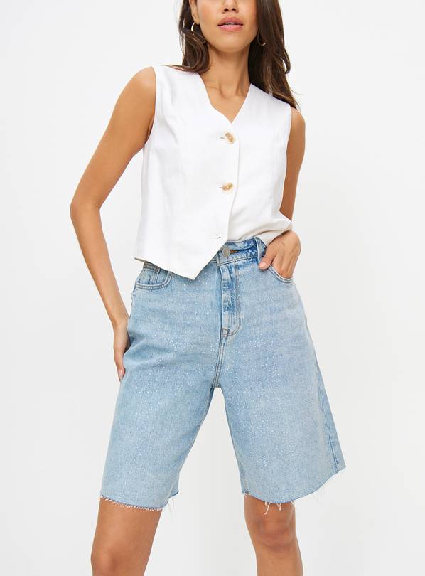 Light Wash Embellished Denim Bermuda Shorts 14